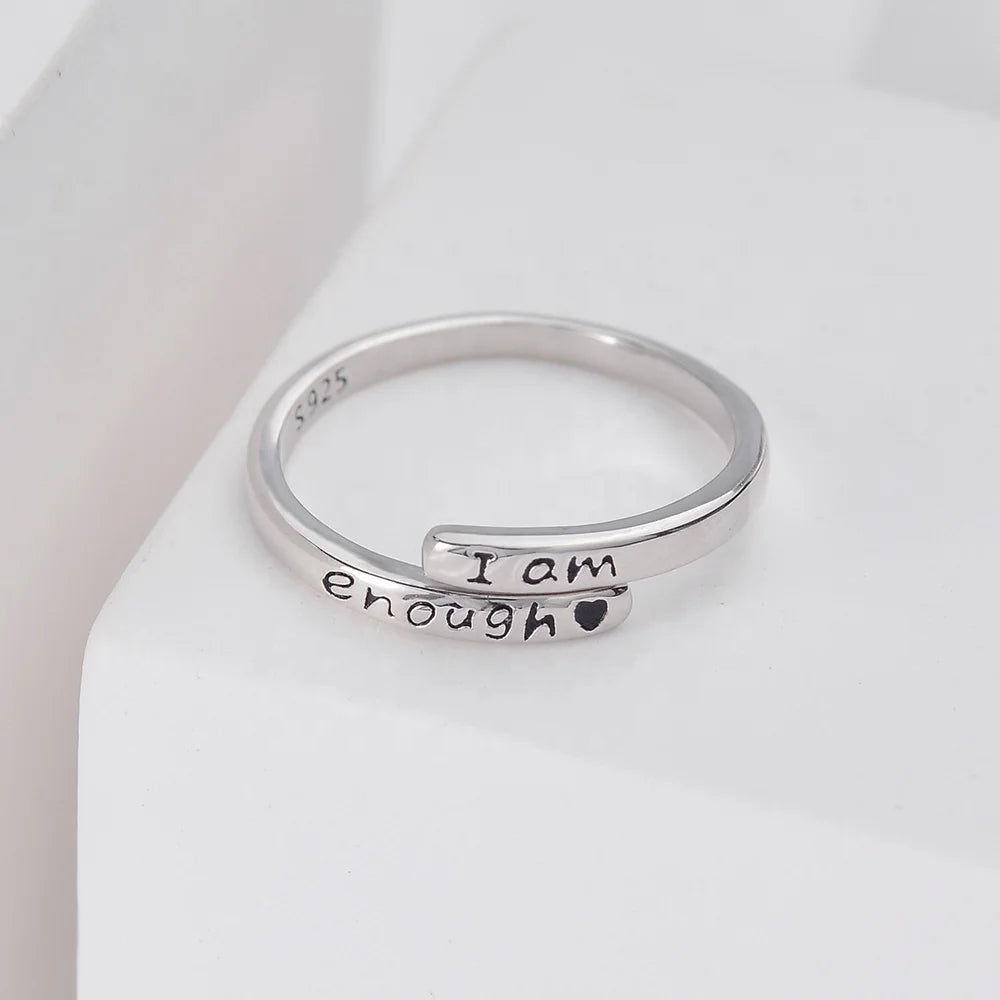 925 Sterling Silver Open Ring for Women Exquisite Workmanship English Letters 'I Am Enough' Rhodium Plated for Weddings