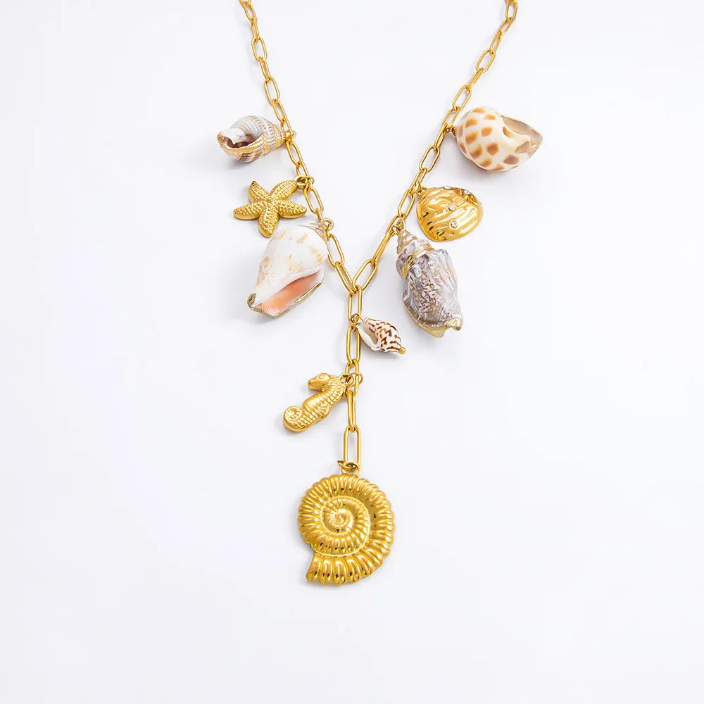 Boho Style 18k Gold Stainless Steel Necklace Starfish Sun Tarot Evil Eye Pendant Jewelry Shell Necklace for Women
