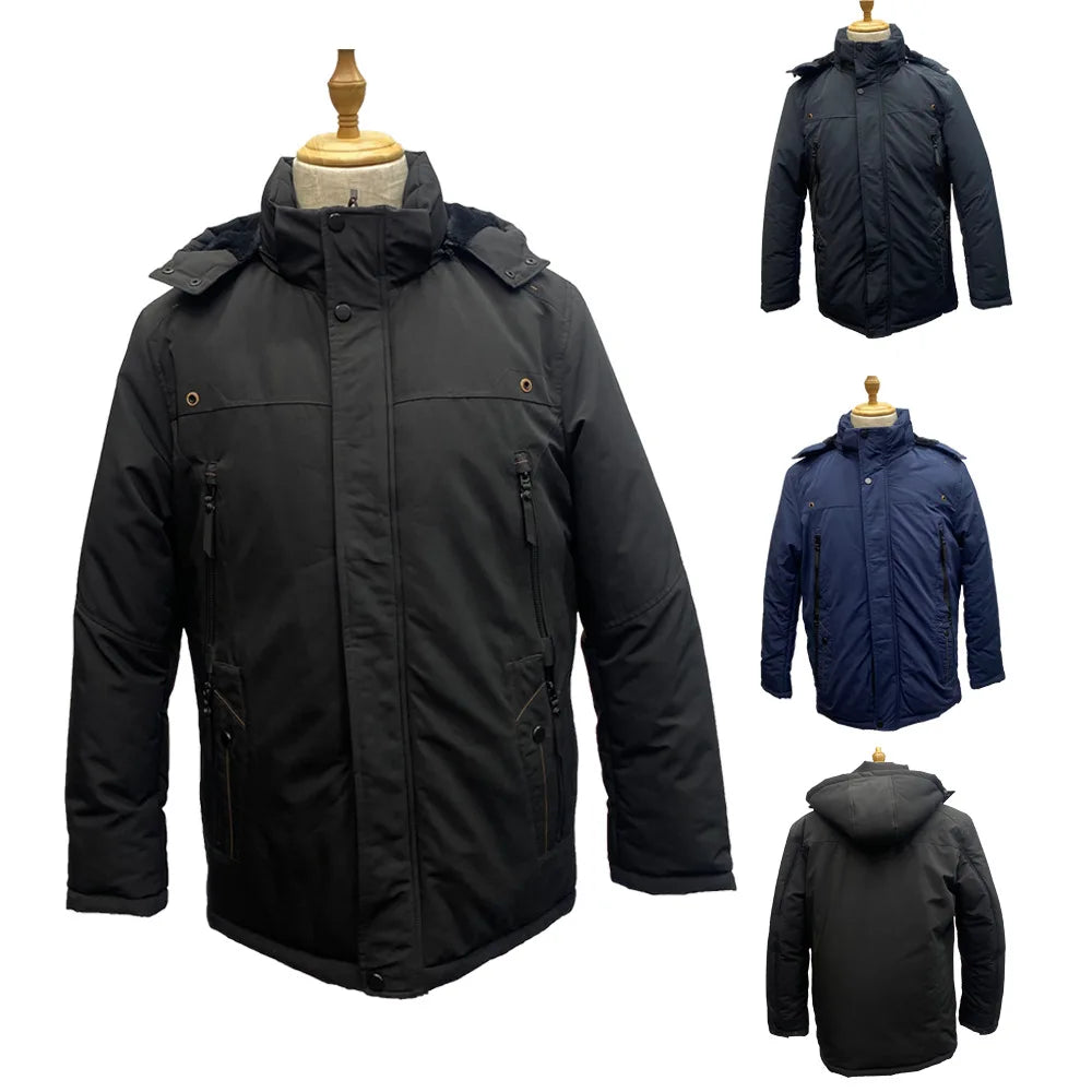 Middleaged Business Winter Men's Cotton Padded Jacket Loose Casual Plus Velvet Padded Detachable Hat Solid Color Coat