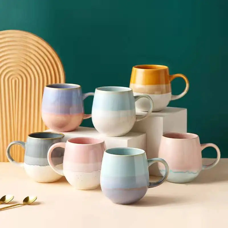 Hot Sale Oversize Coffee Milk Tea Cup with Handle Big Belly Kiln Change Gradient Stoneware Milk Coffee Ceramic Mug