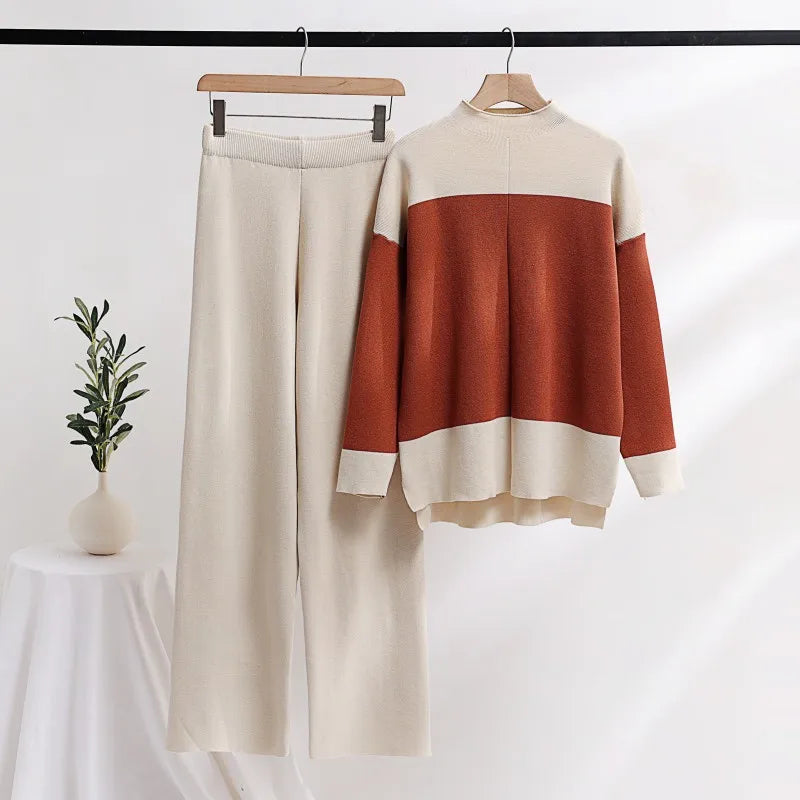 Women's Casual Two-Piece Set Spring Fashion Loose Knitted Silk Pullover Sweater Pants Suit Solid Front Anti-Pilling Breathable