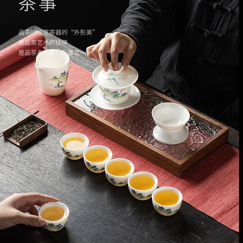 Ceramic Suet Jade Cup Customized Logo Business Gift Tea Cup Chinese Style Gaiwan Tea Cup Set With Gift Box