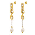 MARONEW Luxury Korean Statement Stainless Steel 18k Gold Plated Baroque Charm Pearl Drop Long Tassel Stud Earring for Women