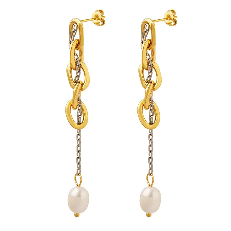 MARONEW Luxury Korean Statement Stainless Steel 18k Gold Plated Baroque Charm Pearl Drop Long Tassel Stud Earring for Women