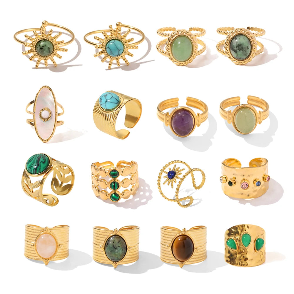 Cheap Vintage Style Natural Stone Open Ring 18K Stainless Steel Geometry Female Rings Jewelry Party Gift MegaBDM