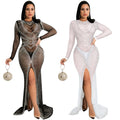 X5595  Fashion Nightclub Rhinestone Dress Mesh Perspective Long Sleeve Split Party Dresses Women Gowns for Women Evening Dresses