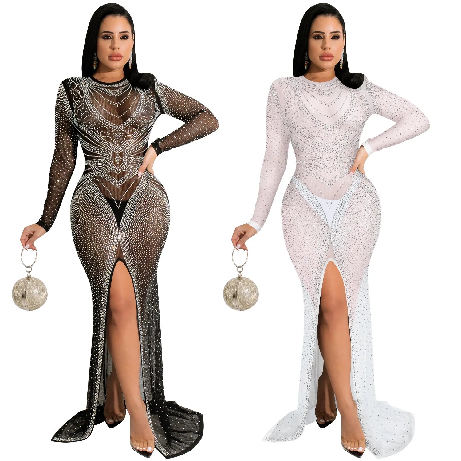 X5595  Fashion Nightclub Rhinestone Dress Mesh Perspective Long Sleeve Split Party Dresses Women Gowns for Women Evening Dresses