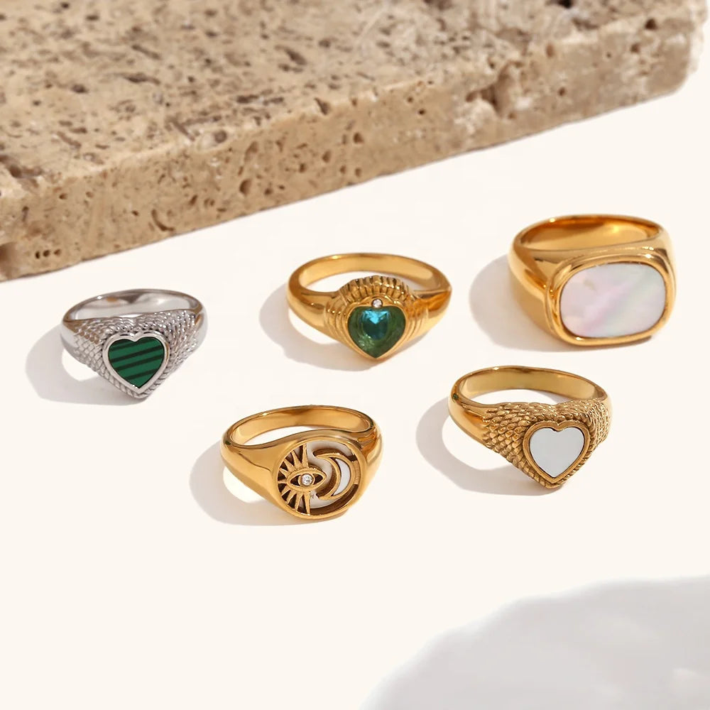 Dingran Stainless Steel Rings 18K Gold Plated Waterproof Heart Zircon Enamel Rings for Women