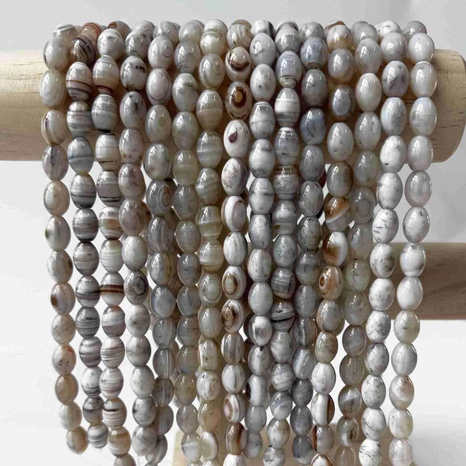 BS-6105 10x14mm Real Aqeeq Oval Rice White Striped Agate Stone Natural Texture Smooth Surface Loose Beads DIY Rosary Bracelet