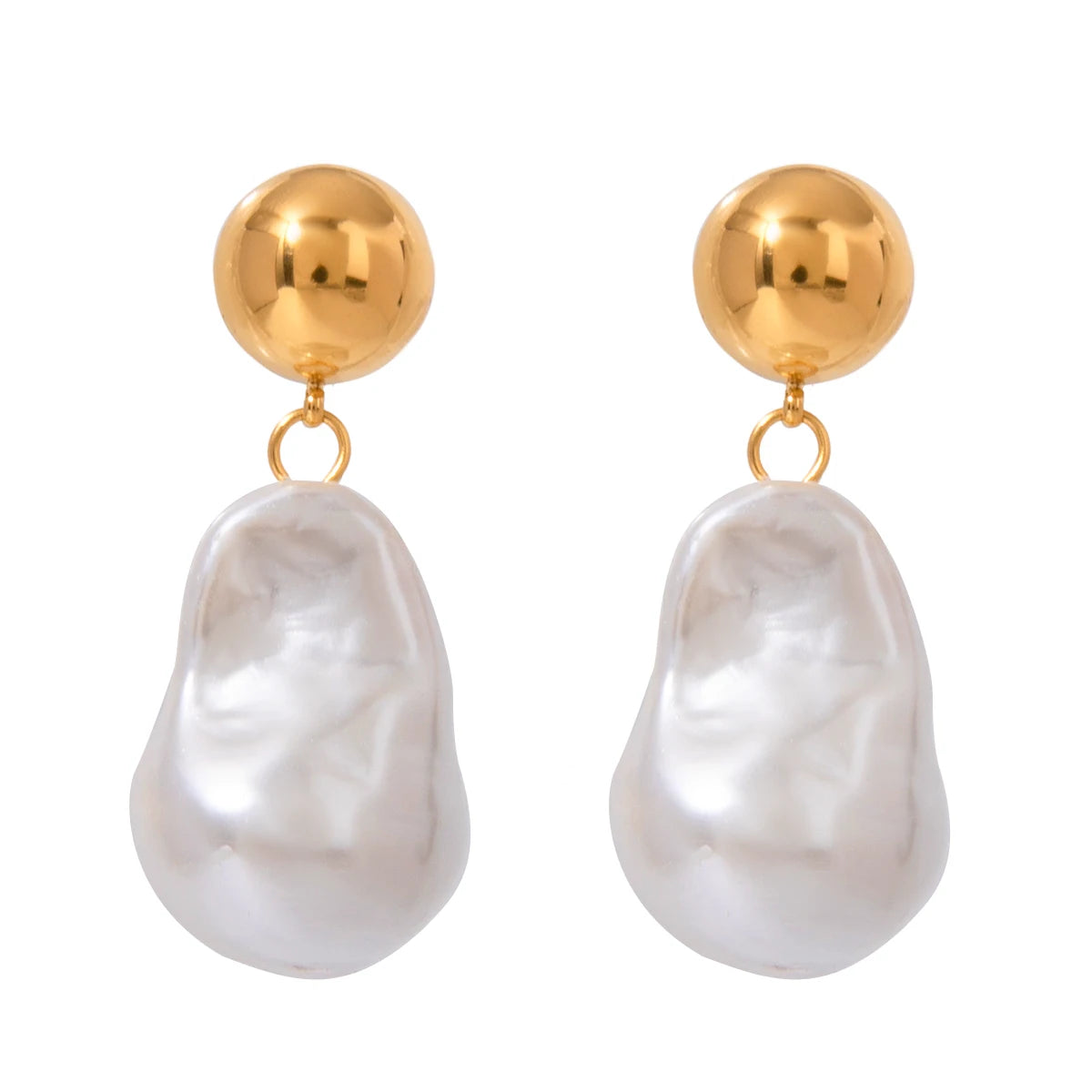 J&D 18k Gold Stainless Steel Baroque Glass Pearl Half Sphere Stud Earrings Classic Pendant Earring