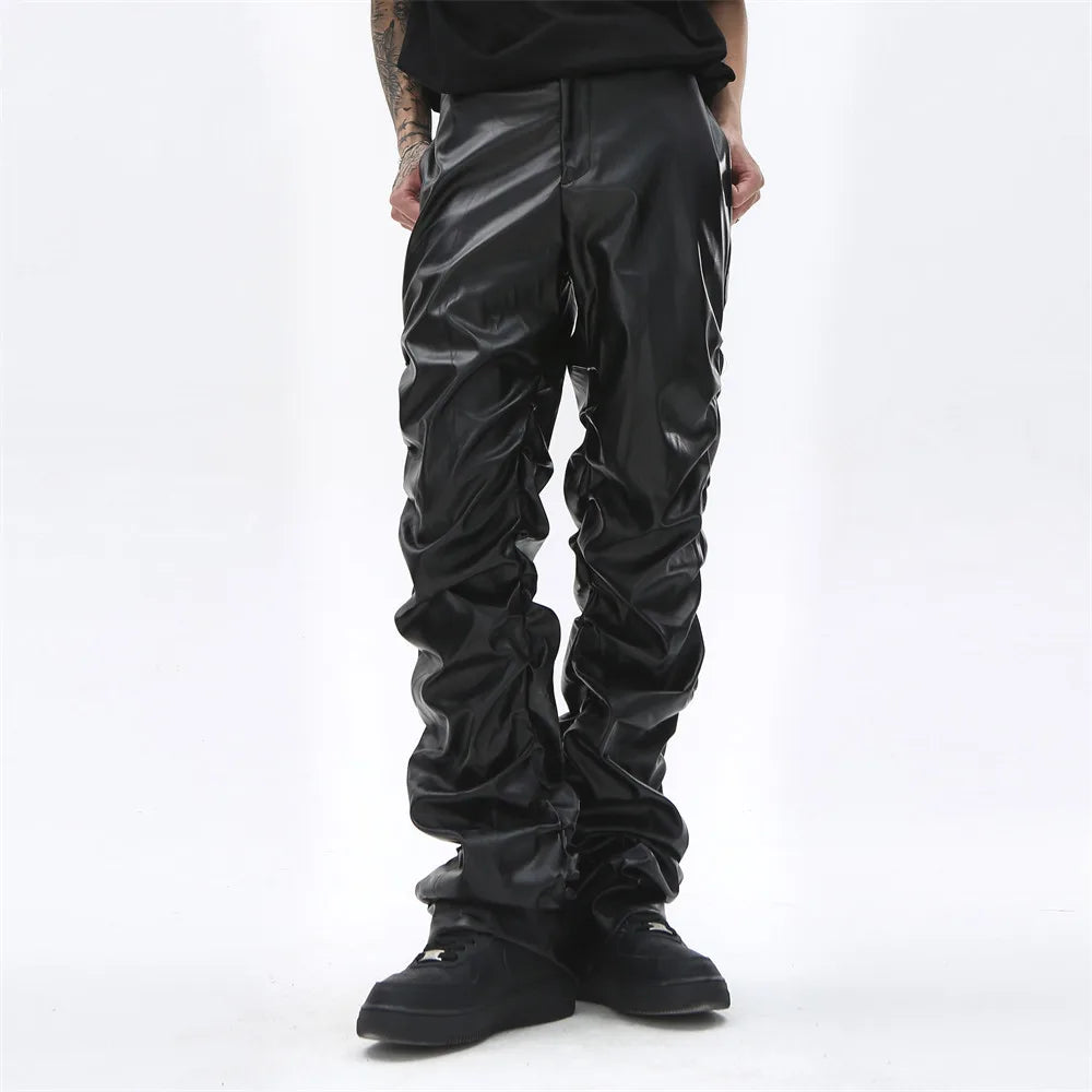 Custom Relaxed Fit Baggy Pants Black Motorcycle Pu Trousers Multi Pockets Streetwear Stacked Cargo Faux Leather Pants Men