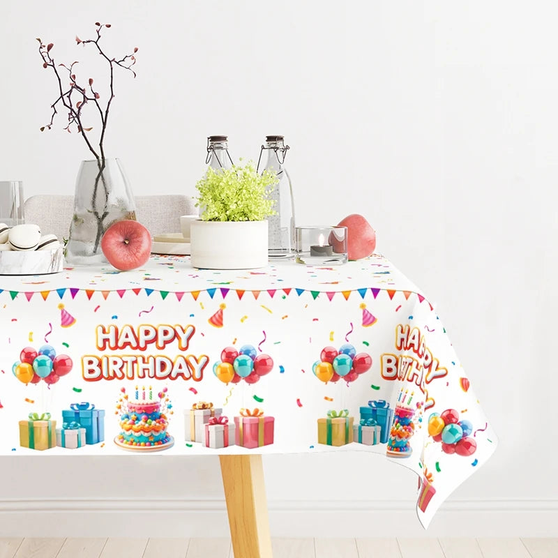 Happy Birthday Colorful Cake Decor Tablecloth Waterproof Plastic Table Cover Disposable Rectangular Tablecloth Party Supplies