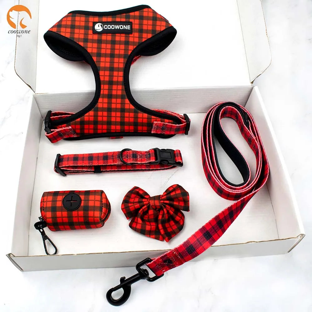 Tartan Dog Harness Ginham Pattern Soft Padded Air Mesh Dog Harness Adjustable  Dog Collar Leash Custom Dog Harness Set