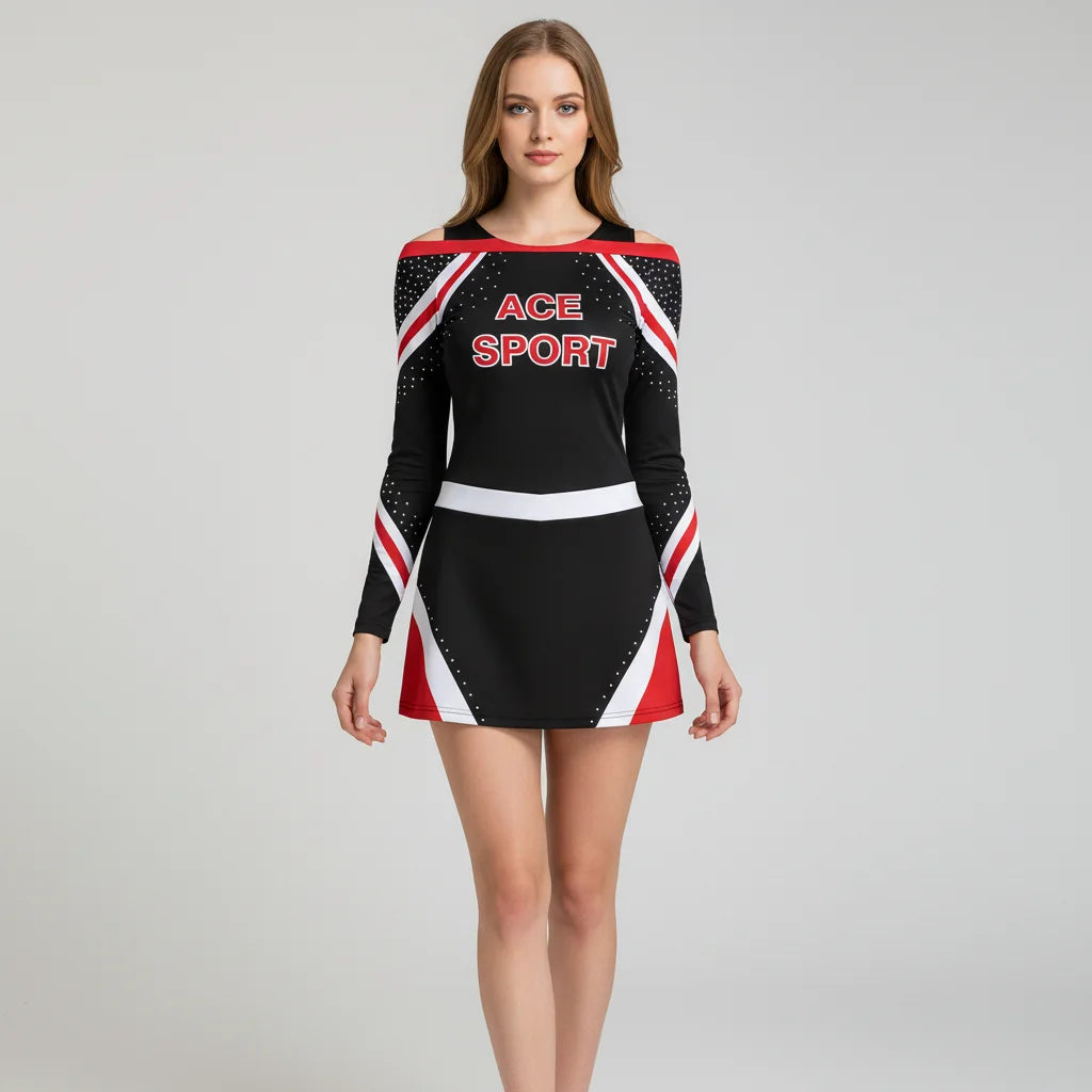 Ace Dance Custom Blue Majorette Uniform for Women with Sequins Fringe & Rhinestone 5 Sets Heat-Transfer Printed Logo