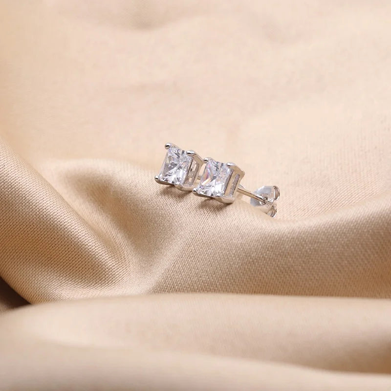 Square Zircon Claw Stud Earrings S925 Sterling Silver Princess Cut CZ Stud Earrings