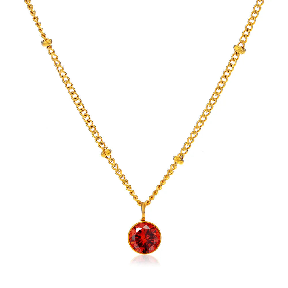 Ins Fashion 18K Gold Plated Cubic Zircon Bead Chain Necklace Stainless Steel 12 Month Birthstone Round Pendant Necklace