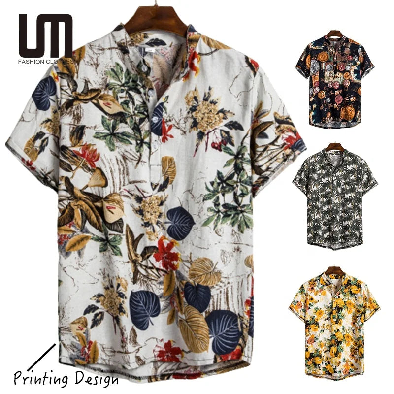 OEM ODM New Arrivals Men Fashion Summer Hawaiian Loose Tops Print Breathable Short Sleeve Shirts