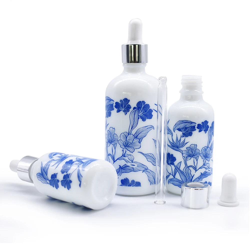 Hot Sale Glass Cosmetic Serum 10ml 20ml 30ml 50ml 100ml Blue White Porcelain Bottle with Dropper