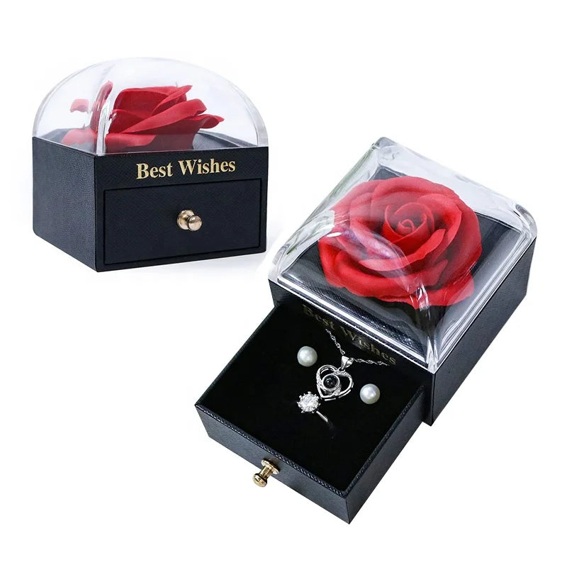 Wedding Jewelry Gift Black Leatherette Paper Acrylic Box with Drawer Necklace Ring Earring Packaging with Soap Flower