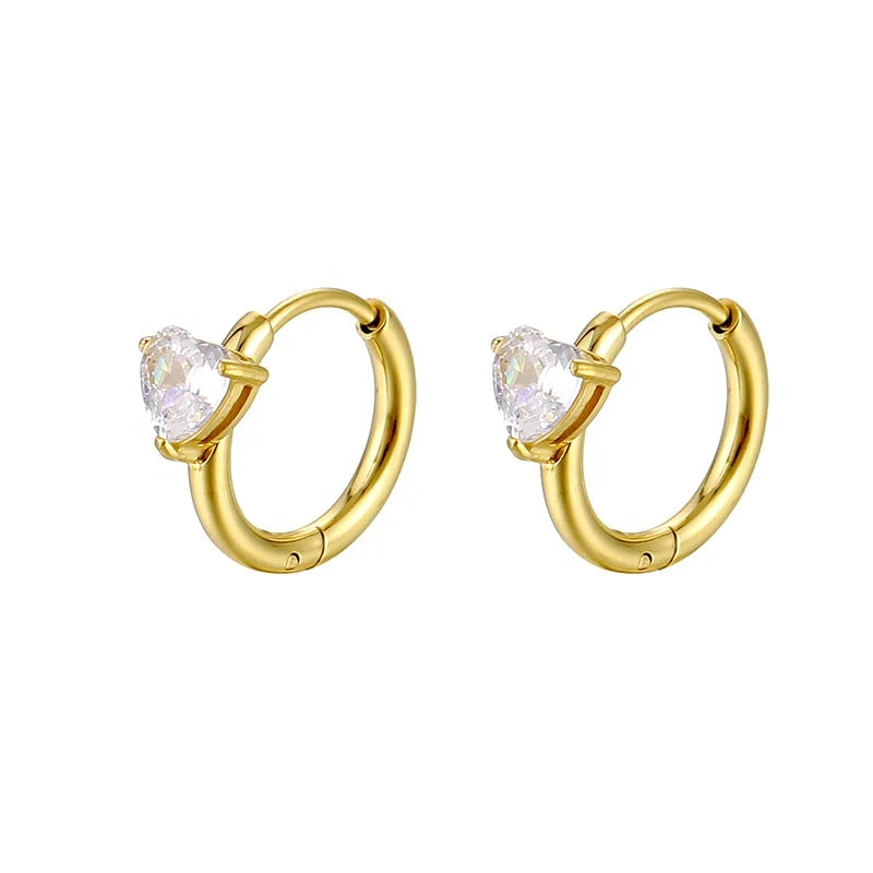 Wholesale Custom Light Color Plated 18K Gold Stainless Steel Trendy Jewelry Clear Zircon Hoop Huggie Earrings for Women Girls