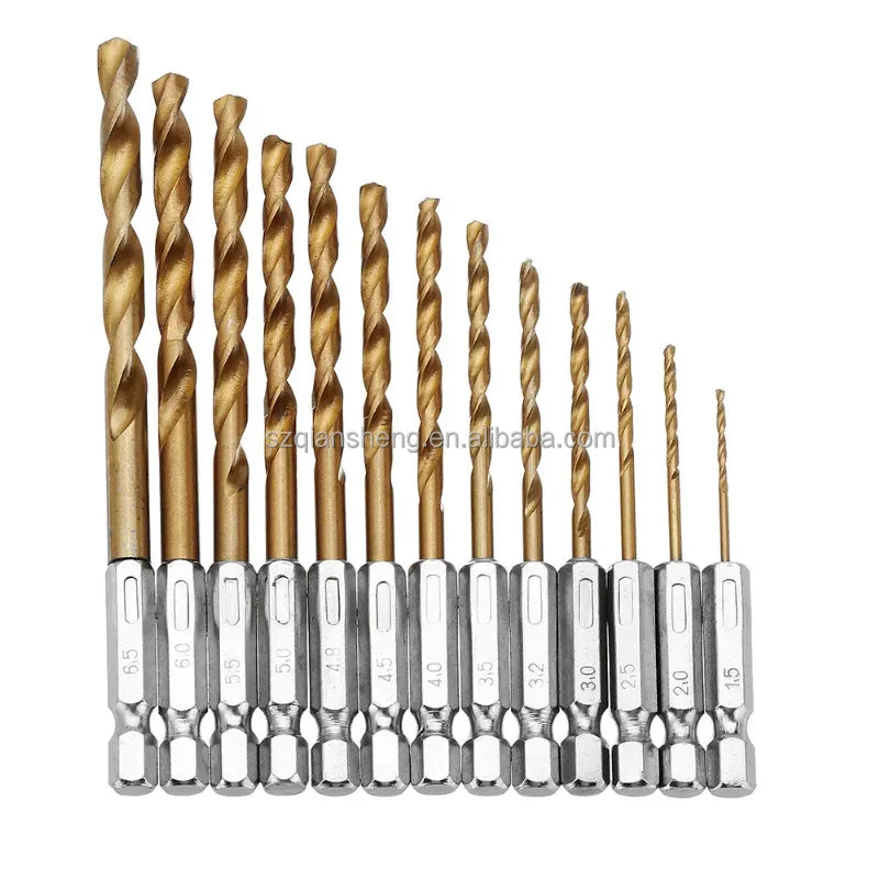 13pcs HSS High Speed Steel Titanium Coated Drill Bit Set 1/4 Hex Shank 1.5-6.5mm Twist Drill Bit