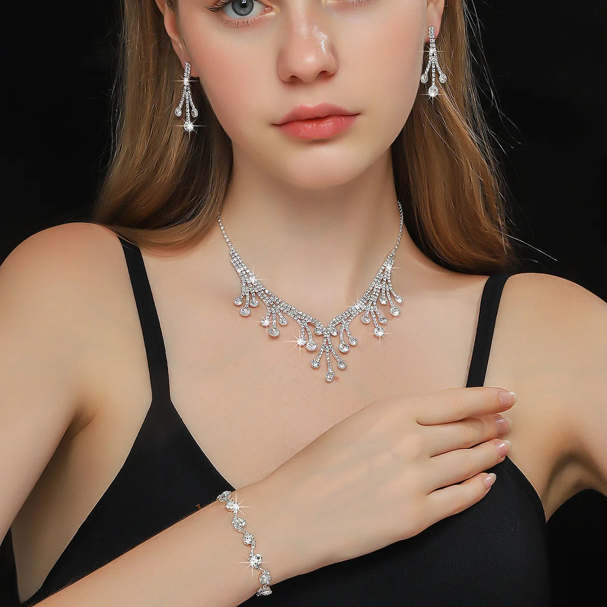 Luxury Diamond & Pearl Jewelry Suite: Stunning Clavicle Chain Bracelet and Earrings  Chic Wholesale Accessories for Women