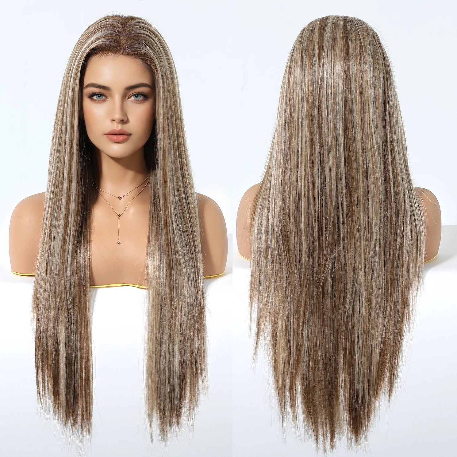 Striped Blonde 13*6 Front Lace Wig Synthetic Future Fiber Long Natural Layered Straight Wig Mixed Color High Density