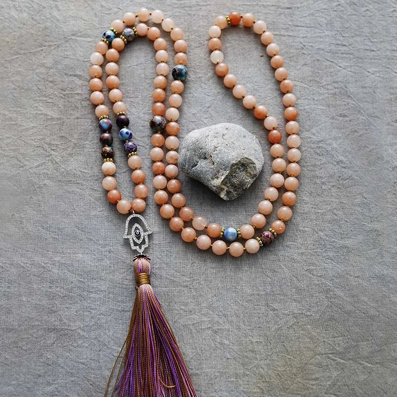 Handmade 108 Beads Prayer Mala 8mm Natural Stone Beads Hamsa Long Tassel Spiritual Knotted Necklaces for Yoga Wedding Gift