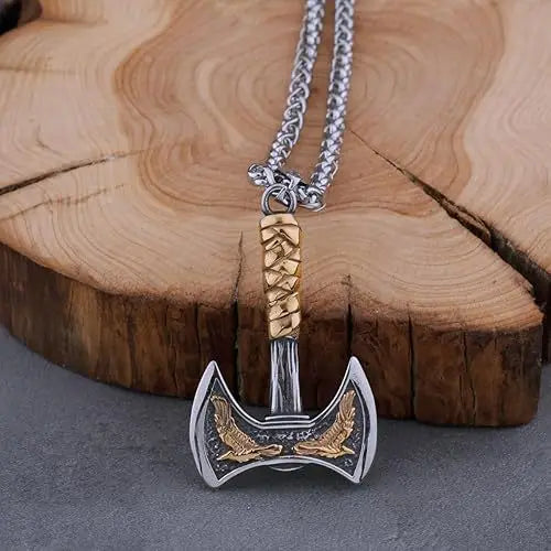 Nordic Viking Double Headed Axe Titanium Steel Pendant Necklace Men Stainless Steel Viking Axe Pendant Celtic Valknut Necklace