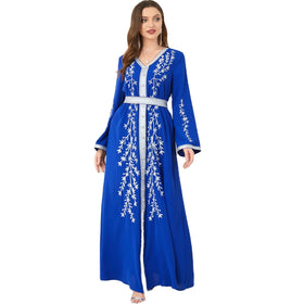 Women's Luxury Abaya Dress V-neck Long Sleeve Embroidered Silver Trim Belt Solid Clothing Muslim Dress