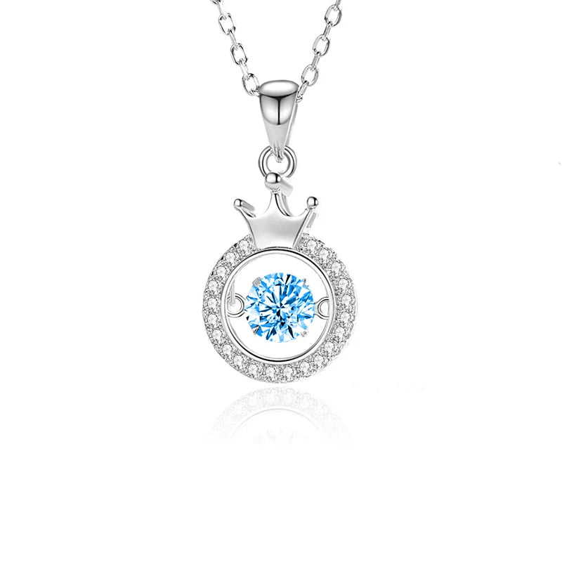 Simple Fashion Beating Heart Clavicle Chain S925 Sterling Silver Blue Zirconia Rose Gold Plated Round Crown Pendant Necklace