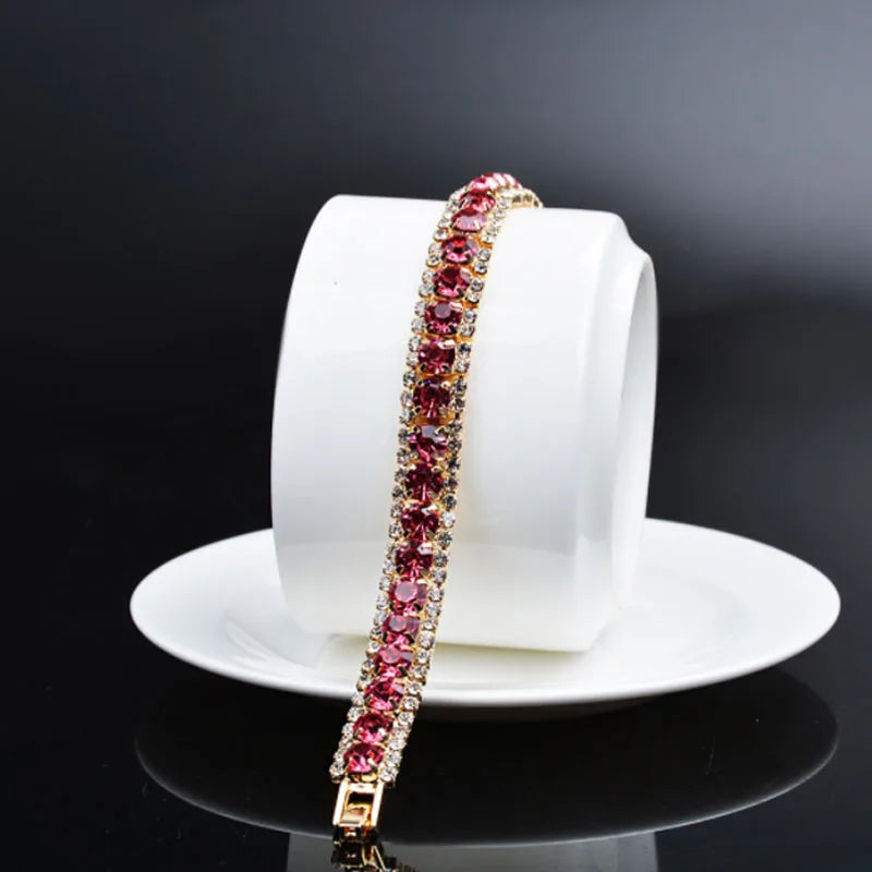 HOVANCI European Shining Full Diamond Cz Red Ruby Tennis Bracelets Bling Rhinestone Crystal Bridal Bracelet for Women Wedding MegaBDM