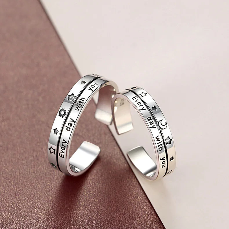 Romantic Design Silver Plated Couple Ring for Wedding Jewelry Sun Moon Star Simple Ring Valentine Day Gift Open Adjustable Ring