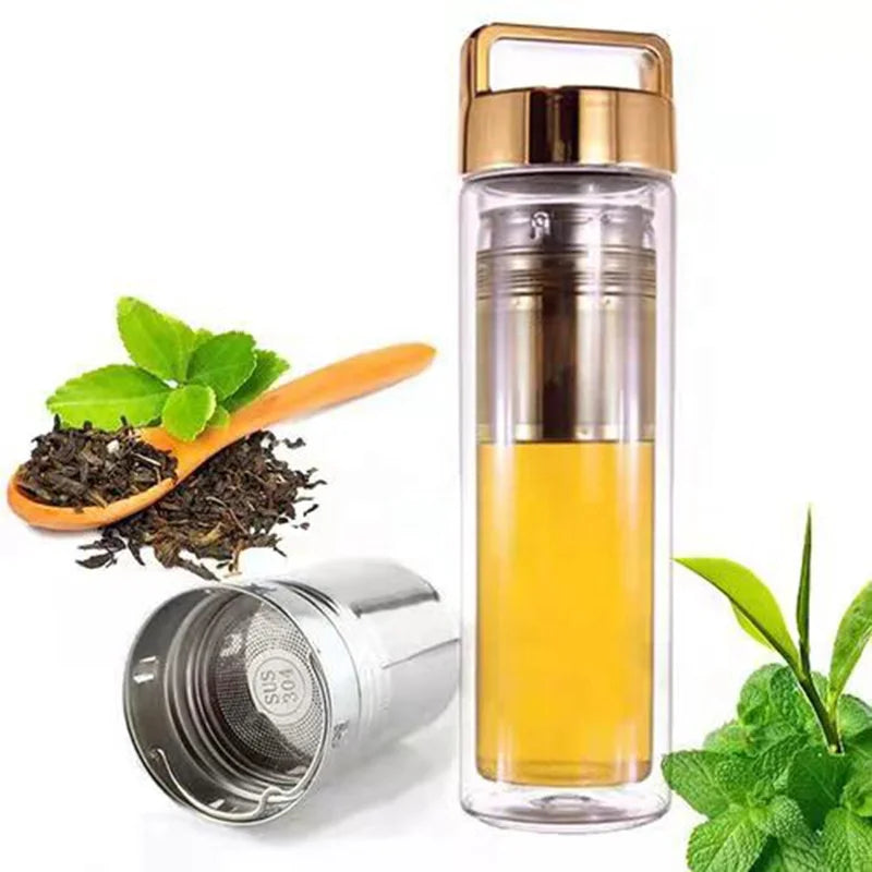 Eco-Friendly Double Walled Borosilicate Glass Water Bottle Fruit Infuser Tumbler Glass Tea Bottle With Easy Carry Lid