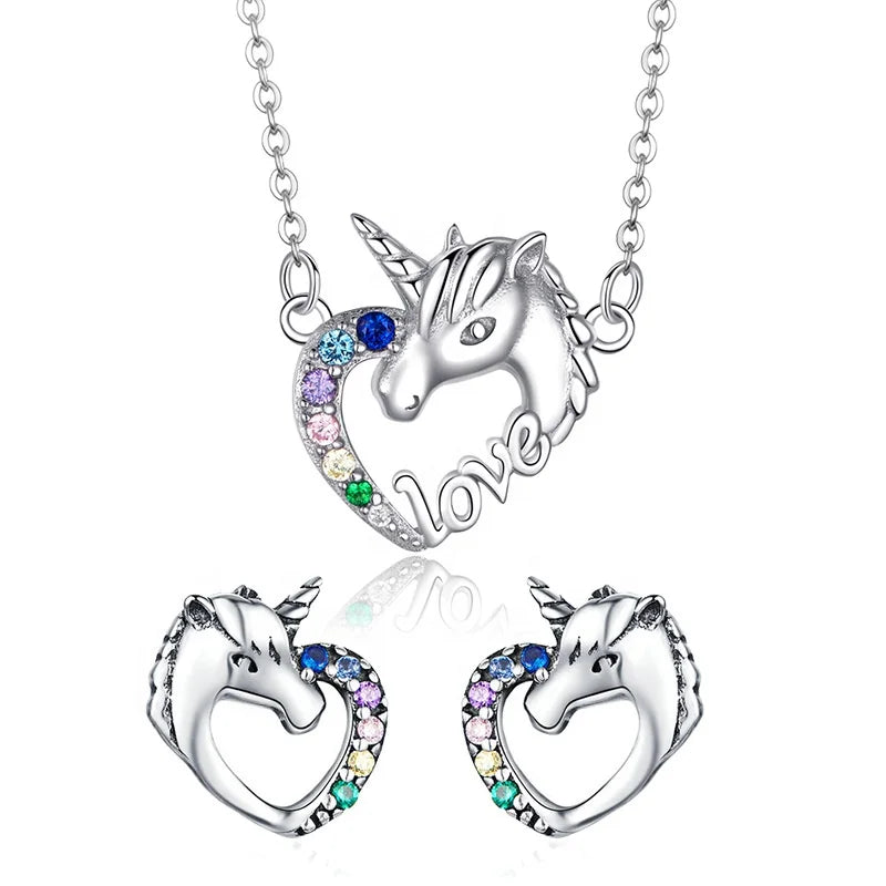 Isunni Hot Selling Jewelry Set Sterling Silver 925 unicorn Necklaces and Earrings Sets Jewellery for Women