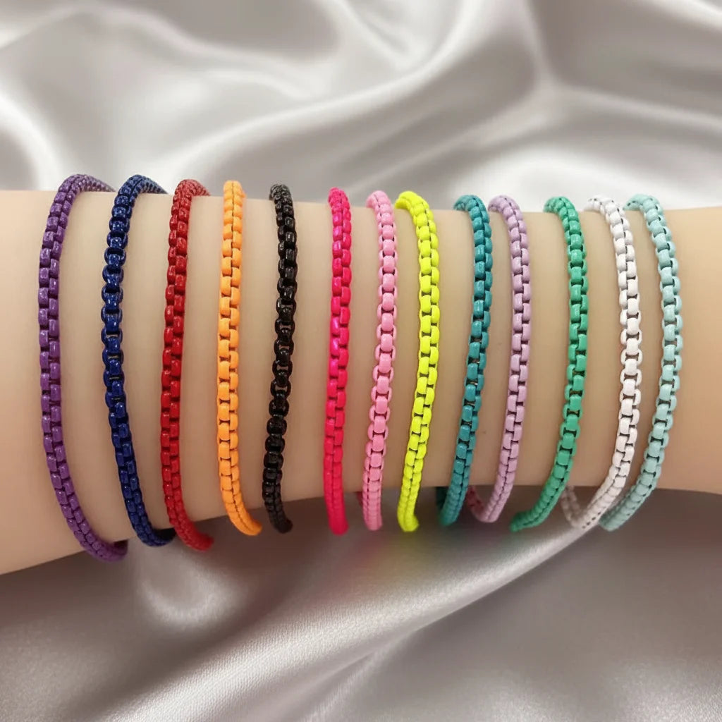 Neon Multi Colored Fashion Wrist Jewelry for Women Adjustable 18K Gold Plated Rainbow Enamel Box Chain Bracelet