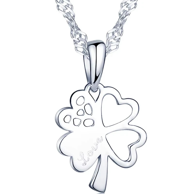 Vintage S925 Sterling Silver Pendant Necklace for Women Hollowed Out Four-leaf Clover Heart Engraved Love for Weddings Parties
