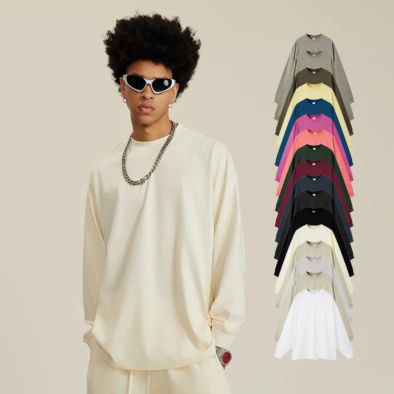 Wholesale Men 305G Full Sleeve T-shirt Custom Logo and Drop Shipping Crew Neck Cotton T Shirt Pullover Long Sleeve T Shirts