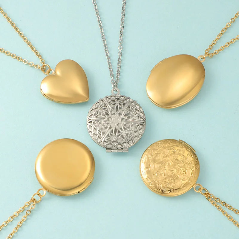 Female Gifts Unique DIY Photo Box Memory Round Gold Pendant Stainless Steel Locket Women Necklace