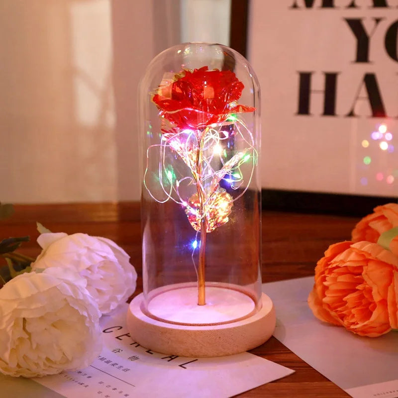 Christmas and Valentine's Day Gift Multicolor Glass Cover Gold Foil Rose Flower Simulation  Creative Gift