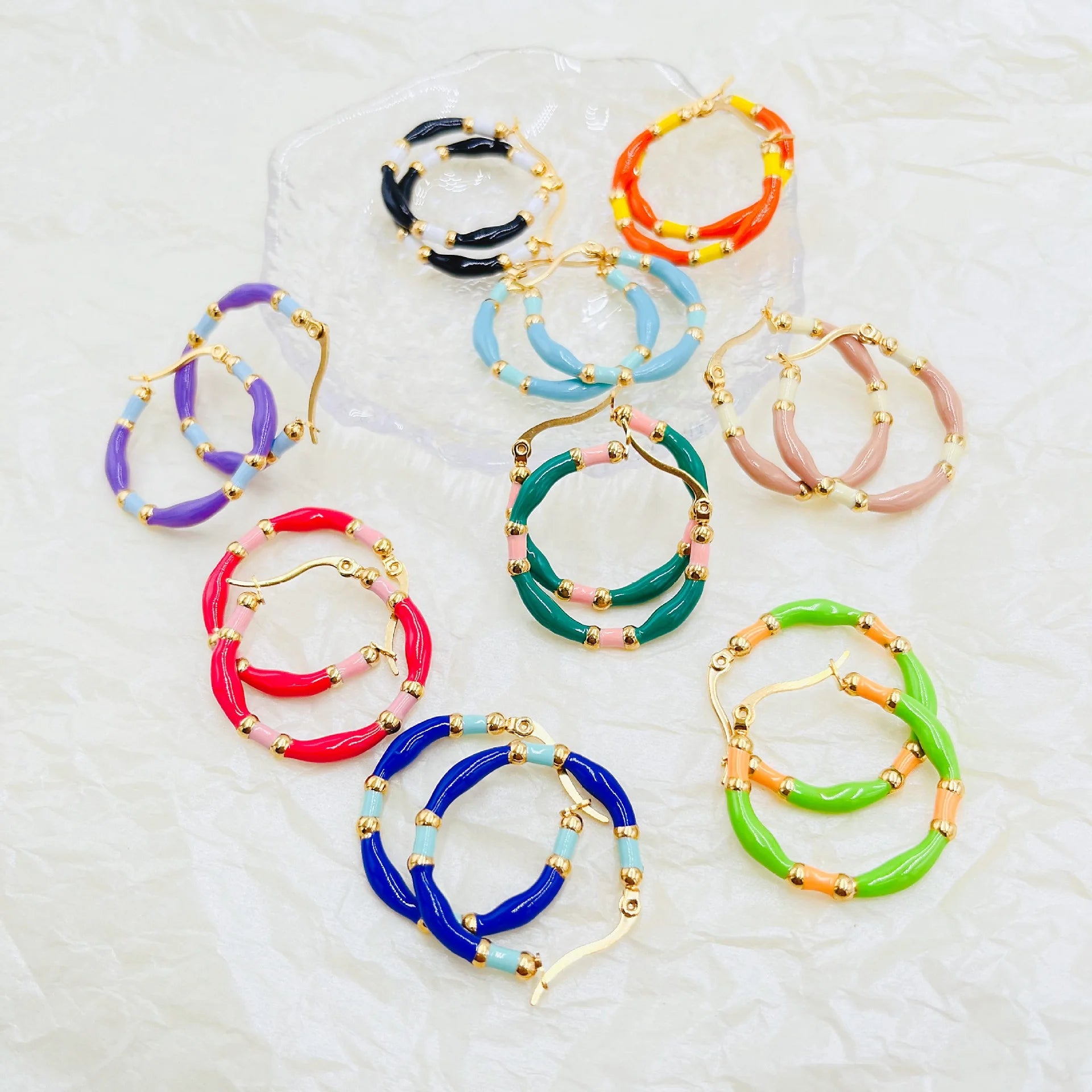 Tarnish Free Stainless Steel PVD Real 18K Gold Plating Multi Color Clip on Round Enamel Hoop Earrings