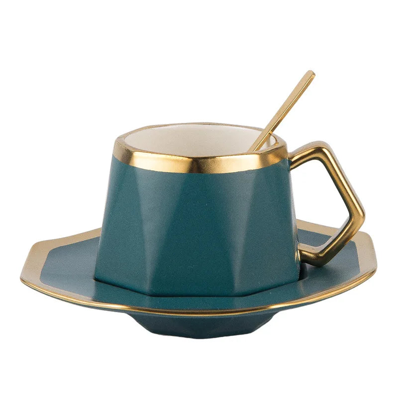 Madou New Ceramic Coffee Mug Set Diamond Shaped Gold Frame Irregular Afternoon Tea Cup with Spoon and Cup Holder Water Usage