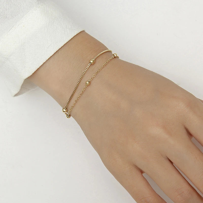 2022 Trendy Minimalist Jewelry Gold Plated Thin Beads Box Chain Double Layer Link Chain Bracelet for Women