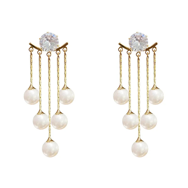 Vintage Gold Plated Pearl Pearl Drop Earrings Bling Crystal Tassel Rhinestone Pearl Earrings for Women Girl