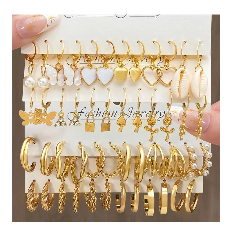 New Trendy Pearl Twist Butterfly Acrylic Dangle Hoop Earring Set for Women Metal Hollow Gold Plated Earrings Jewelry