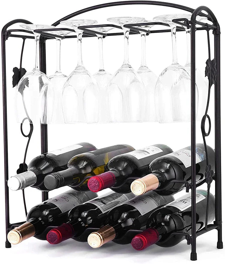 Honghe Modern Durable Black Iron Eco-Friendly Storage Countertop Decoration Glass Holder Bar Red Wine Rack for Living Room