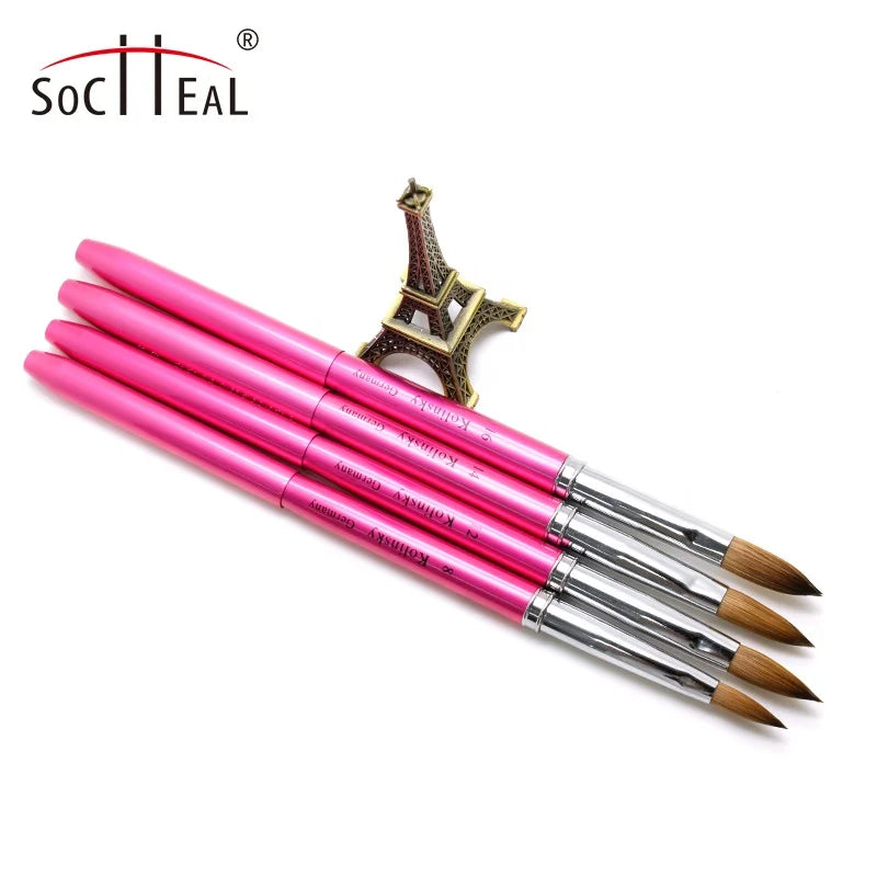 High Quality Pink Metal Handle USA #2-#20 Flat Oval 100% Pure Kolinsky Hair Acrylic Nail Brush for Acrylic Application
