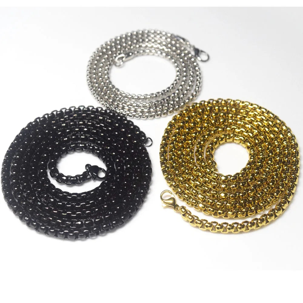 2.5mm 3mm 4mm Gold Silver and Black Stainless Steel Box Chain Pendants Necklace for Men and Women Jewelry MegaBDM