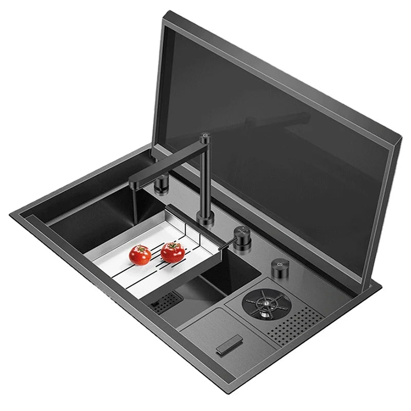 Nanometer Flip Cover Handmade Large Size Hidden Kitchen Faucet Single Bowl SUS 304 Stainless Steel Cup Washer Draining Tray