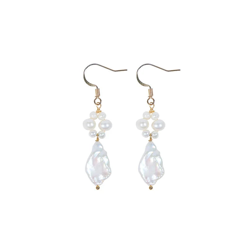 Vintage Style Baroque Petal Shape Natural Freshwater Pearl Long Pendant Earrings S925 Silver Hook